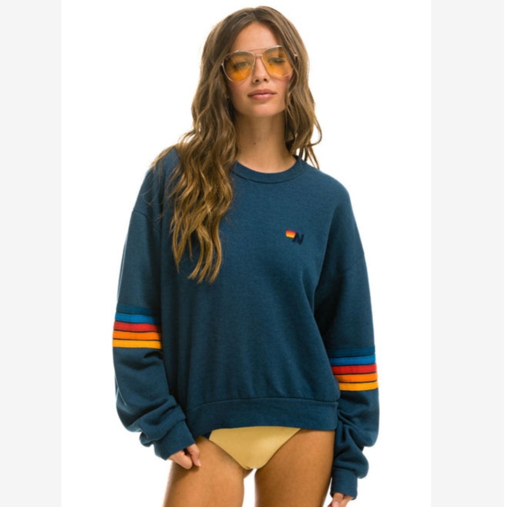 Aviator Nation RAINBOW STITCH SLEEVE CREW SWEATSHIRT RELAXED - DEEP OCEAN XL